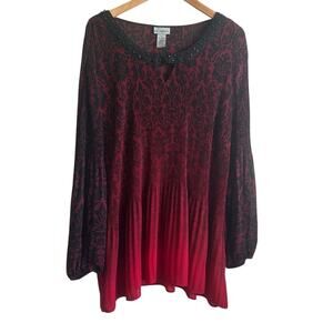 Catherines Women Tunic Top 3X Red Black Damask Abstract‎ Sheer Whimsigoth Boho